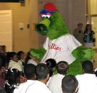 The Phillie Phanatic shares his excitement with the crowd.
